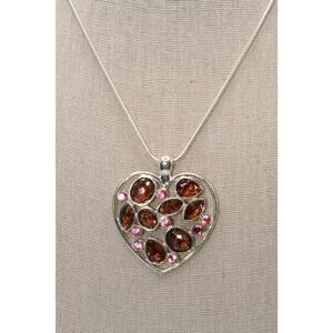 Vintage Rhinestone Heart Necklace Pink Rose Stones Silver Tone 18 Inch